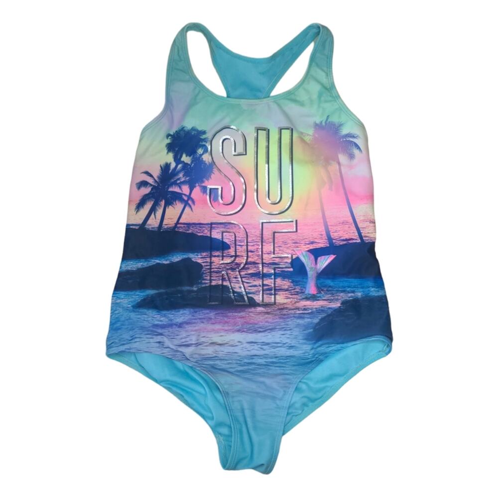 JUSTICE 16 PLUS Surf Teal Beach One Piece Swimsuit Palm Trees Girls Plus